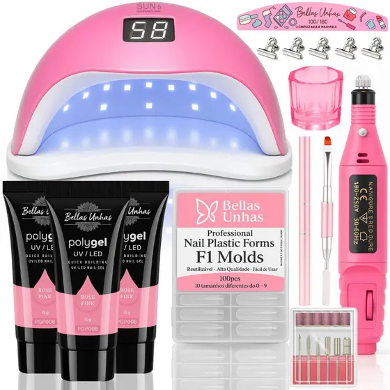 Kit Polygel Poligel Alongamento Unhas Super Completo Com Cabine Sun5 Profissional Lixa Elétrica - Envio Imediato