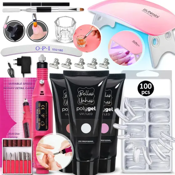 Kit Polygel Poligel Alongamento Unhas Super Completo Com Mini Cabine Lixa Elétrica - Envio Imediato