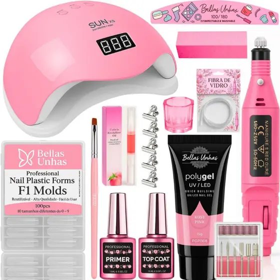 Kit Polygel Poligel Alongamento Unhas Manicure Completo + Cabine Sun + Motorzinho Unhas Profissional