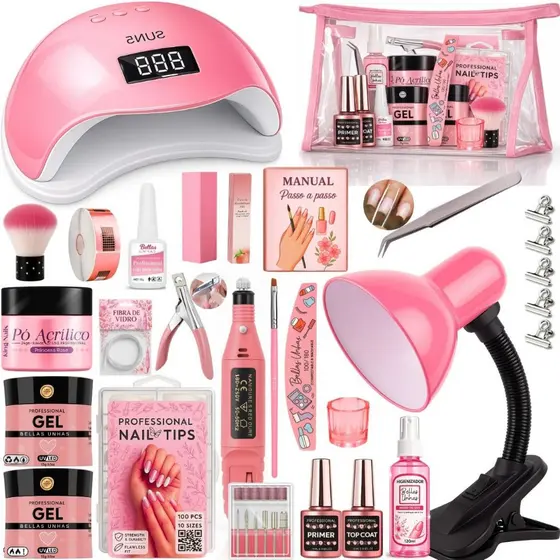 Kit Alongamento de Unhas Gel Acrígel Fibra Para Iniciantes Completo Cabine Sun Lixadeira Elétrica Manicure Profissional