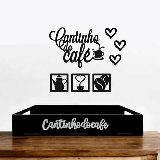 Kit Cantinho do Café Com Bandeja Retangular Grande e Apliques de Parede em MDF