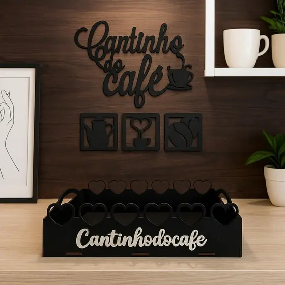 Kit Bandeja e Apliques Cantinho do Café em MDF Preto Decoração Casa Escritório