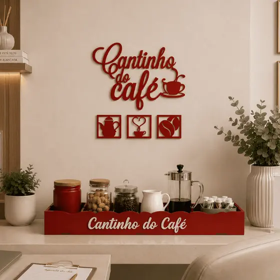 Kit Cantinho do Café 4 Apliques e Bandeja em MDF Preto Vermelho Marrom
