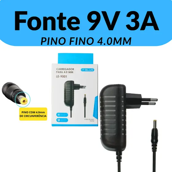 Fonte Carregador 9V 3A Para Caixa de Som Pino 4.0mm Bivolt
