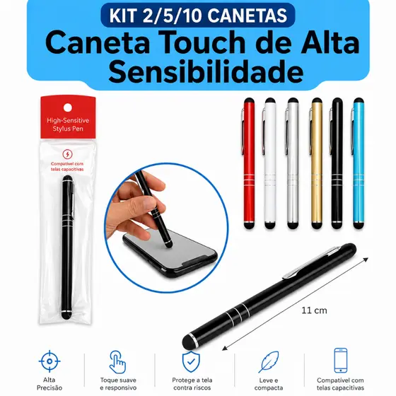 Kit Caneta Touch Screen Universal para Tablet, Celular, Tablet, Tela Desenho Cores Sortidas