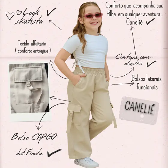 Calça Pantalona Infantil Cargo Alfaiataria Juvenil c Bolso Luxo Wide leg Menina Blogueirinha Casual elegante