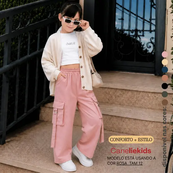 Calça Pantalona Infantil Alfaiataria Cargo Luxo Bolso WideLeg Juvenil Confortável Estilosa Blogueirinha