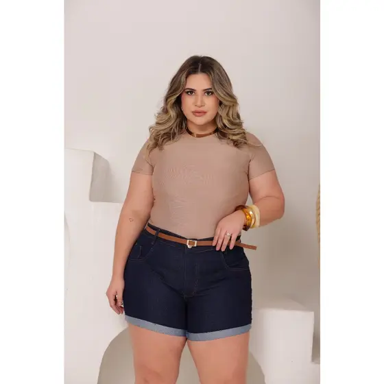 Short Jeans Feminino Plus Size com Lycra e Cinto – Barra Dobrada | Do 36 ao 54