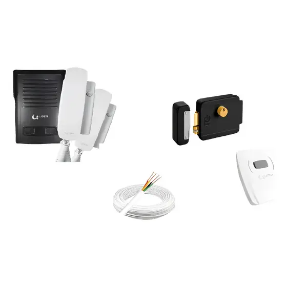 Kit Porteiro Eletrônico Interfone Coletivo 2 Pontos Apartamentos Casas + Fechadura Elétrica + Cabo + Botoeira Lider