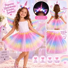 Fantasia Infantil feminina luxo Unicórnio Asa+Saia+Tiara 4 a 12 anos