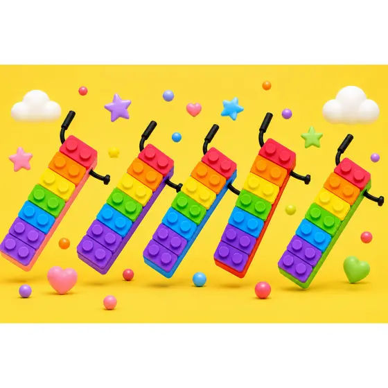 Colar Mordedor Sensorial Infantil em Silicone – Bloco de Montar Colorido, Antiestresse e Calmante