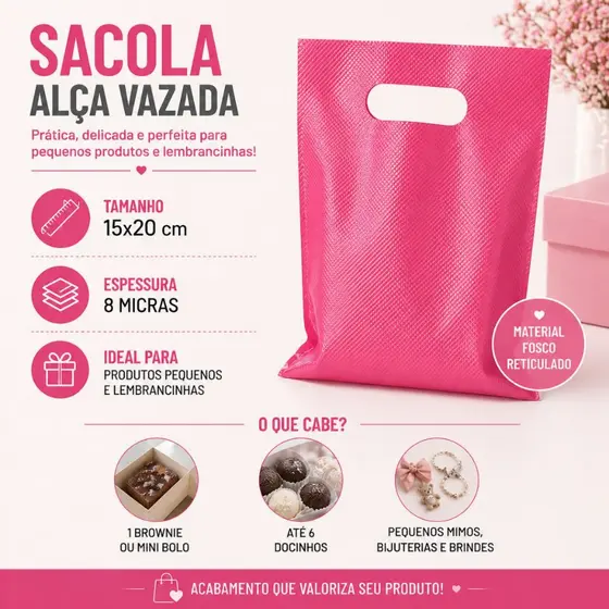 100 Sacola Plástica Alça Vazada tamanho 15x20