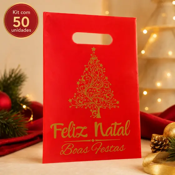 Kit 50 Sacolas de Natal 20x30 Vermelhas Boca de Palhaço para Presentes