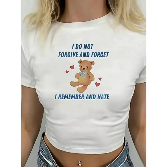Baby Tee Feminina Sarcástica Y2K Urso de Pelúcia Frase I Do Not Forgive And Forget Estilo Tumblr Y2K