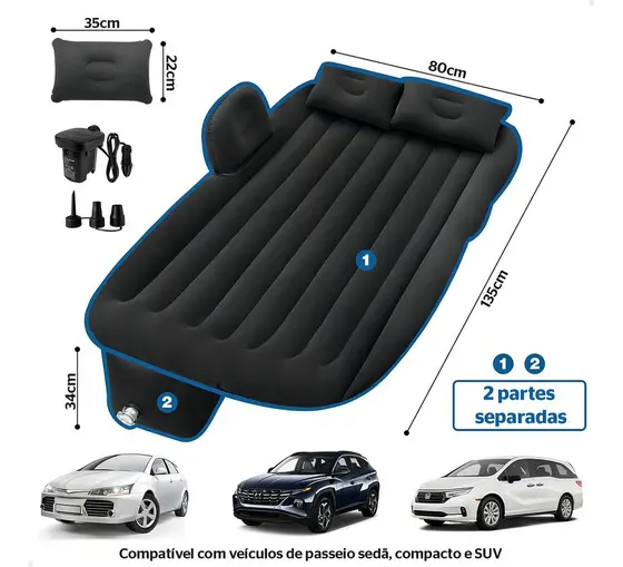 Colchão Inflável Carro Banco Traseiro Cama Veicular Viagem Portátil Camping 135 x 85 Suporta 200kg
