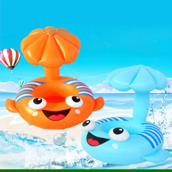 Boia Inflável Infantil Bebê Piscina Com Cobertura Solar Assento Verão Peixe Laranja 50cm Segura