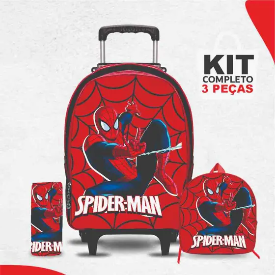 kit mochila escolar Homem Aranha com lancheira e Estojo - Carrinho com Rodinhas - Menino - Masculino