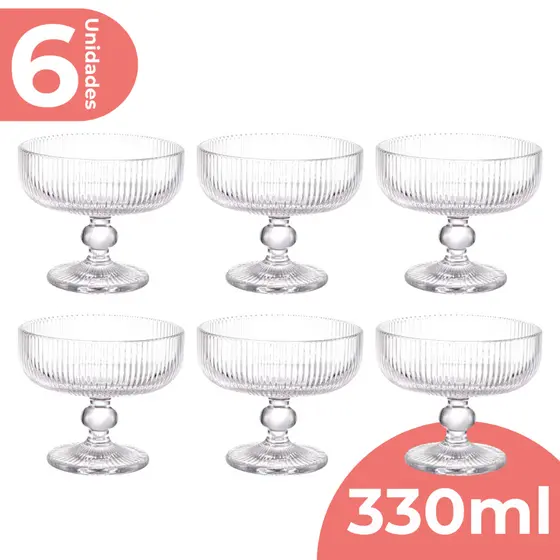 Jogo 6 Taça Sobremesa Vidro Sorvete Açai 330ml Canelado Luxo