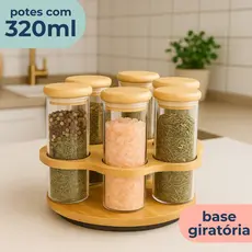 Porta Tempero Condimentos Bambu 6 Potes Vidro 320ml Suporte Giratório