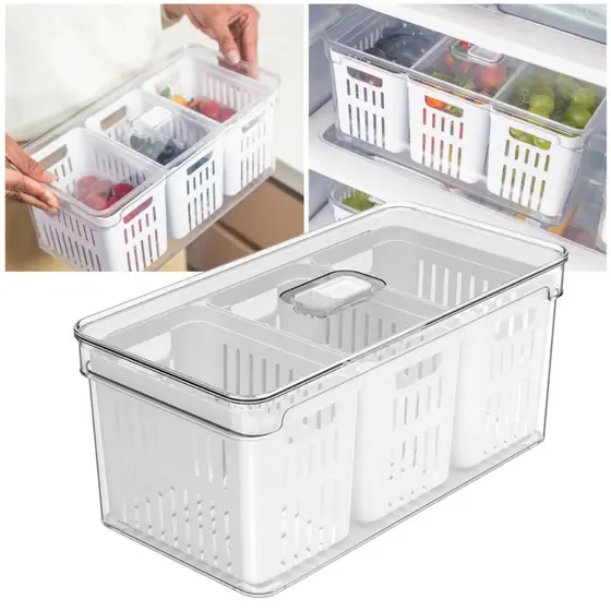 Organizador de Geladeira 5L Acrílico Com 3 Cestos para Alimentos Vegetais Cozinha Natural Ou