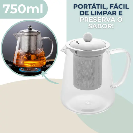 Chaleira Bule De Vidro Com Infusor De Inox Direto Ao Fogo Resistente Ao Calor 750ml