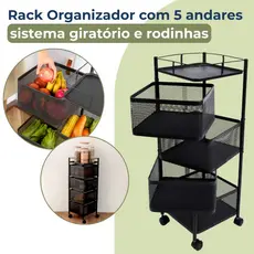 Organizador Fruteira Cesto Giratório 5 Andares Com Rodinhas Casa Cozinha