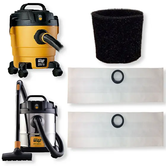 6 Saco Descartável + Filtro Permanente para Aspirador de Pó Wap GTW 10 / GTW Inox 12