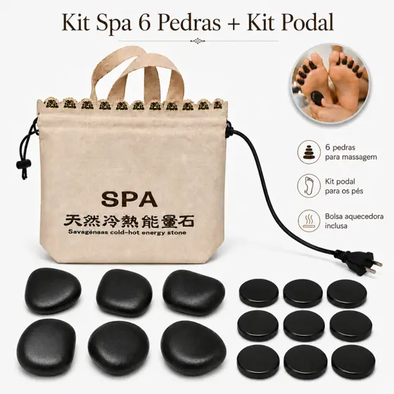 Kit Spa Bolsa Aquecedora + 6 Pedras Vulcânicas Formato Livre para Massagem + Kit Podal