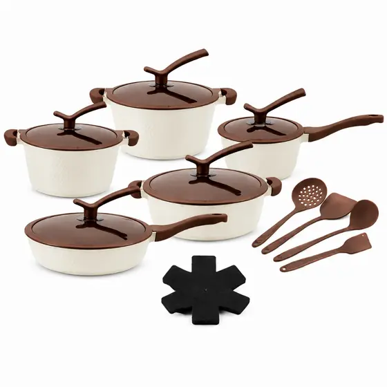 Jogo de Panelas 16 Peças Indução Gás Conjunto Cerâmica Antiaderente Tampa de Vidro Cozinha Cooktop
