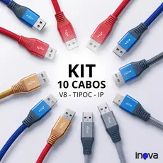 Kit 10 Cabos USB Reforçados 1m V8, Tipo C com Adaptador , iPhone Inova Envio Imediato