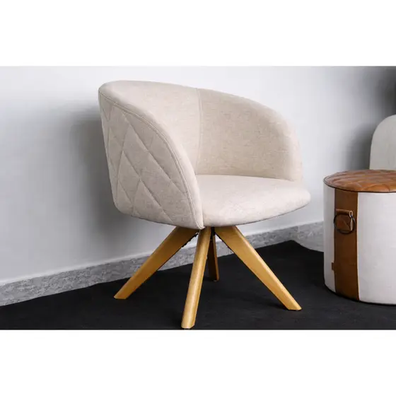 Poltrona Decorativa Zaya Linho Bege Base Madeira Moderna Confortável Sala Estar Recepção