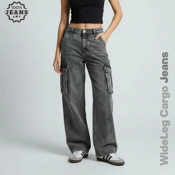 Calça Jeans Cargo Grafite Cinza Premium Feminino Com Bolsos Laterais Perna Larga 34 ao 44