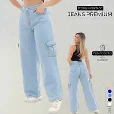 Calça Cargo Jeans Premium Feminino Com Bolsos Laterais Perna Larga + 5 Cores 10 ao 44