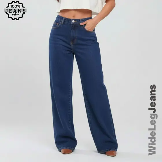 Calça Jeans Wide Leg Feminina Cintura Alta Pantalona Premium Jeans Grosso 100% Algodão Levanta Bumbum Moda 2026