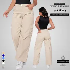 Calça Cargo 100% Jeans Original  Wide Leg Bege Pantalona 10 Ao 44 + 5 Cores