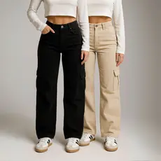 Kit 2 Calça Jeans Feminina Cargo Bolsos Laterais + 5 Cores - 100% Jeans Premium Wide Leg