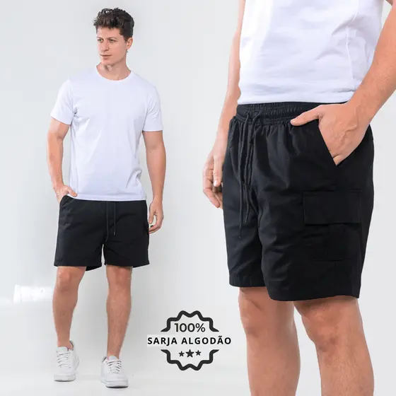 Bermuda Masculina de Sarja Algodão Com Elástico Shorts Bolsos Cargo Praia Casual