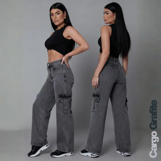 Calça Cargo Jeans Grafite Cinza Feminina Wide Leg 34 Ao 44