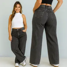 Calça Jeans Feminina Wide Leg Preta Pantalona Cintura Alta + 5 Cores