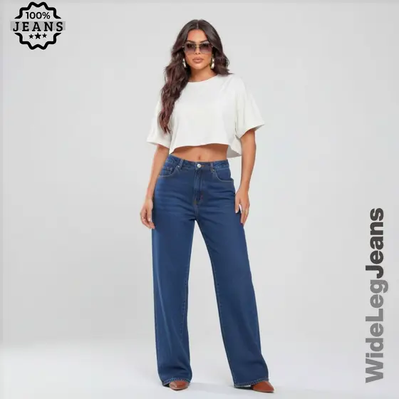 Calça Wide Leg Jeans Feminina Cintura Alta Pantalona Jeans Grosso 100% Algodão Premium