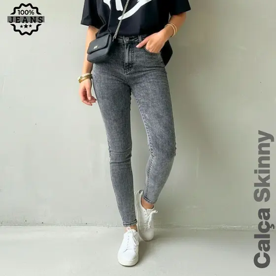 Calça Jeans Feminina Skinny Grafite Empina Bumbum Cós Alto Marmorizada com Elastano 36 ao 46