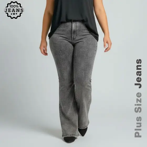 Calça Jeans Flare Plus Size Cintura Alta Modeladora Grafite Marmorizada com Elastano Conforto Premium