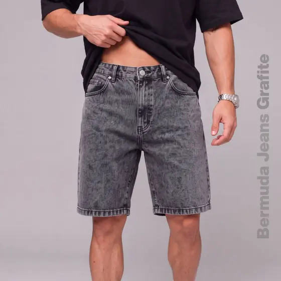 Bermuda Jeans Masculina Grafite Estonada Marmorizada Grafite Baggy Wide Leg StreetWear Oversized