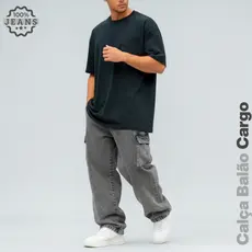 Calça Jeans Cargo Masculina Streetwear Preta Mescla