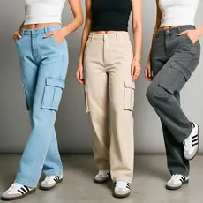 Kit 3 Calça Cargo Jeans Feminina Wide Leg 34 Ao 44 + 5 Cores