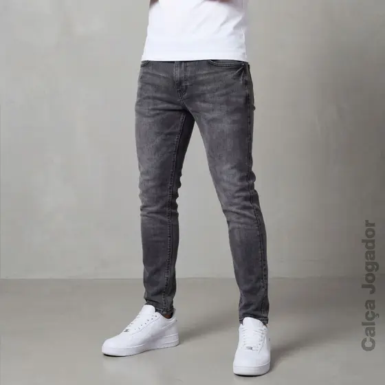 Calça Jeans Masculina Skinny Cinza Com Elastano Lycra Super Confortável Premium Confortavel Jogador Ajustada