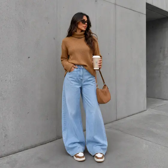 Calça Jeans Feminina Wide Leg Pantalona Casual Larga Sem Lycra Azul Clara
