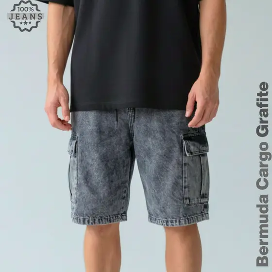 Bermuda Masculina 100% Jeans Streetwear Larga Grafite P ao GG