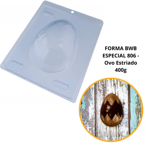 1~4 Forma BWB Com Silicone (3 partes) Para Chocolate Cód. 806 - Ovo Estriado 400g. Páscoa