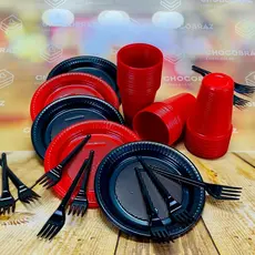 Kit Festa 50 PESSOAS DESCARTAVEIS  GARFO + PRATO + COPO PRETO E VERMELHO (CHOCO)